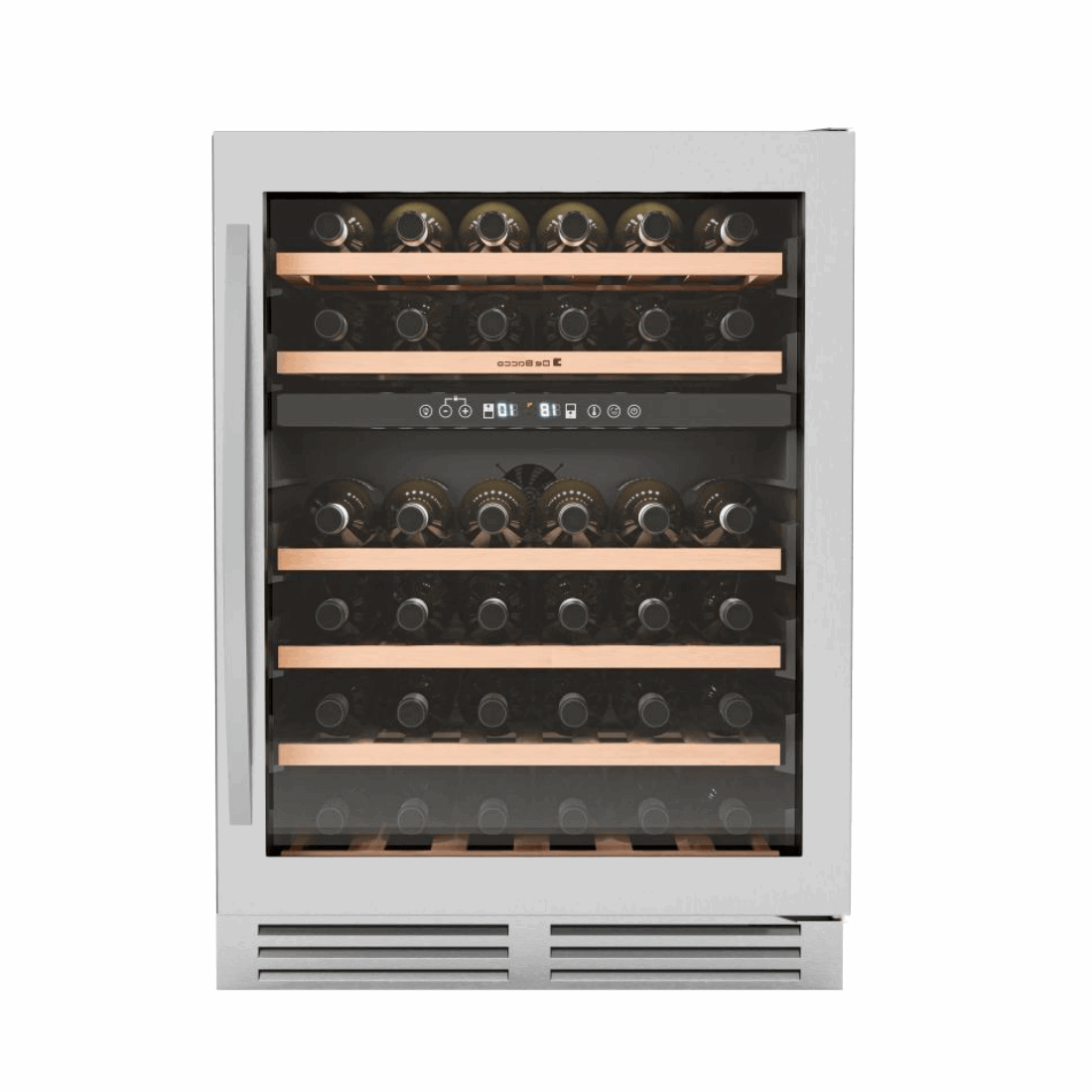 Adega Debacco 46 Garrafas Inox 60cm - Abertura Direita com prateleiras em madeira e capacidade para 46 vinhos.